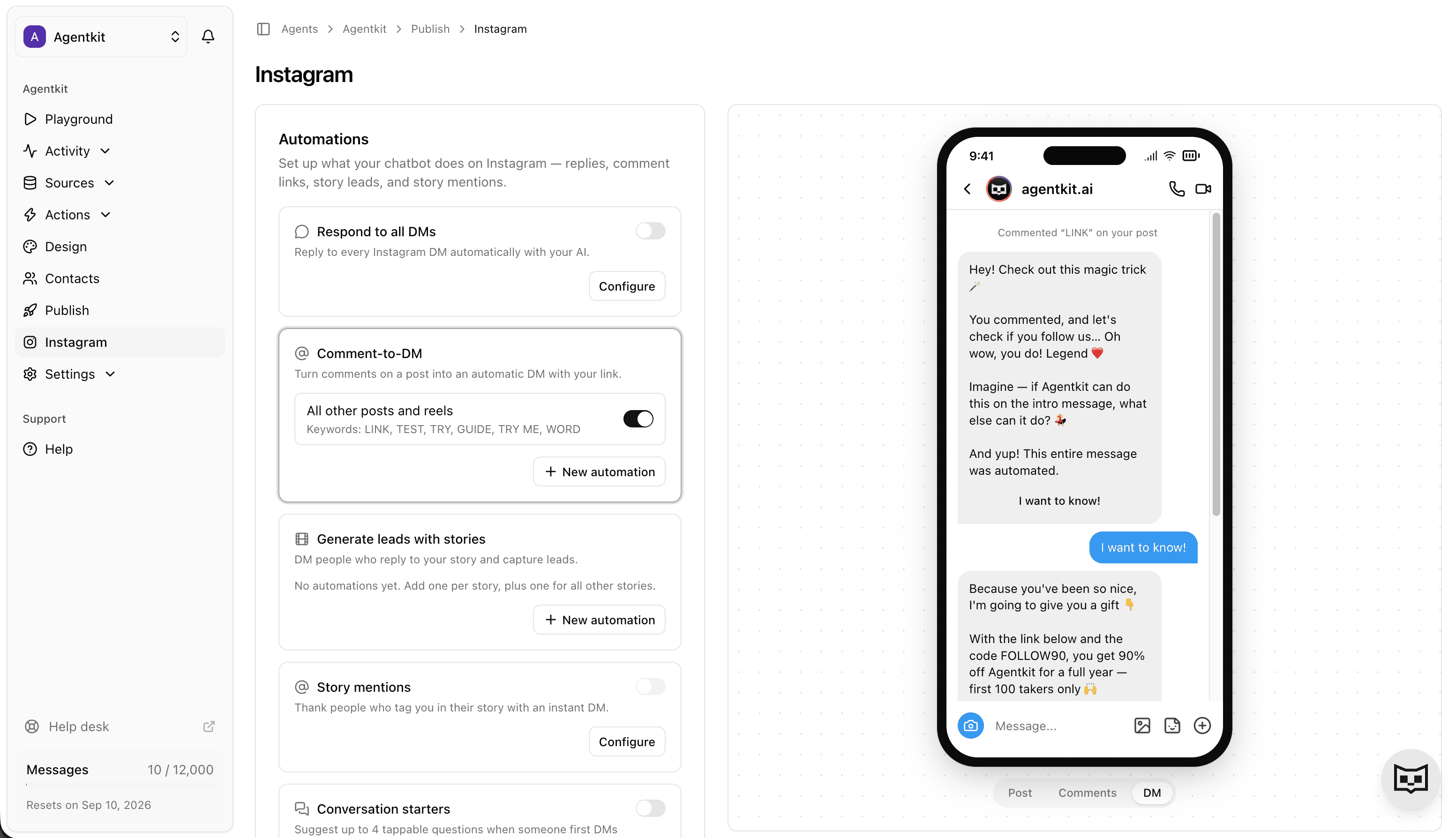 Agentkit Instagram automation manager showing a connected Instagram account, automation cards, and a live DM preview